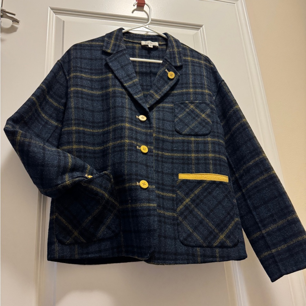 Blue Plaid Jacket - 100% Wool, Size M